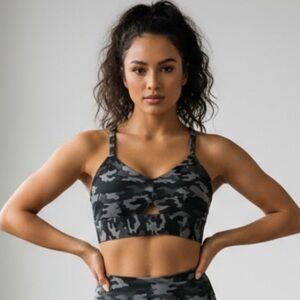 🥳 Fabletics Black Gray Camo Sports Bra Size S High Impact Athletic Activewear